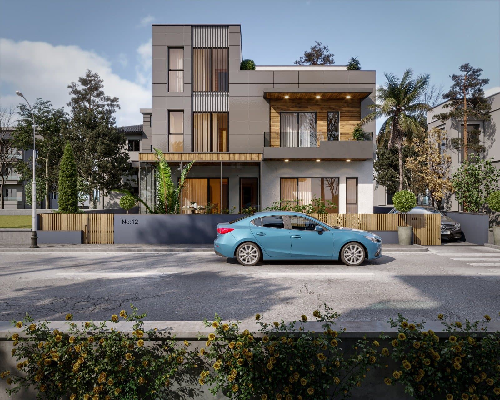 Ağaçlar arasında iki katlı beyaz villa, önünde araç yolu